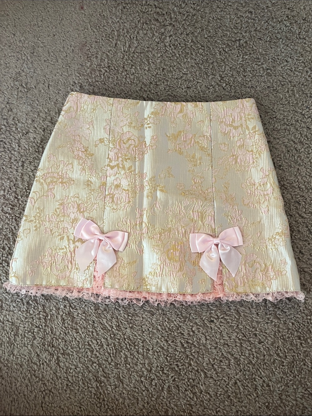 Pink Floral Brocade Mini Skirt with Bow Detailing